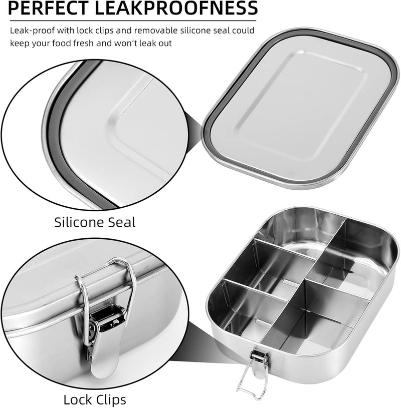 UPTRUST Stainless Steel Bento Lunch Food Box Container, 5-Compartment Large 1400ML Metal Bento Lunch Box Container for Kids or Adults with Lockable Clips to Leak Proof - Image 4